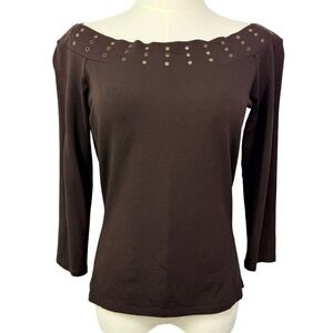 Cache Brown Off Shoulder Grommet Boat Neck Top Long Sleeve Blouse Womens Medium